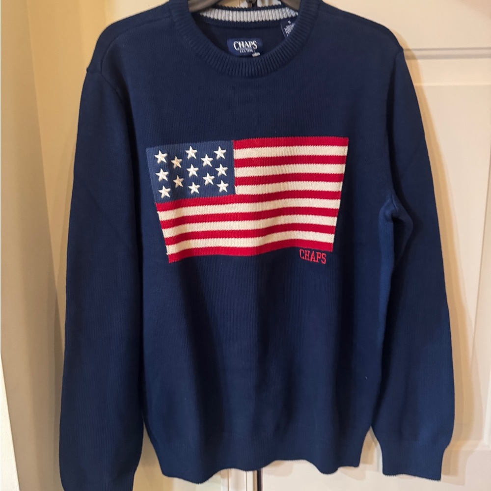 Chaps Men's Navy Sweater‎ with Flag Design